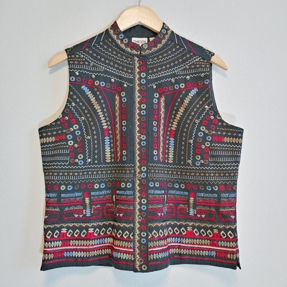 Chico's Embroidered Studded Snap Closure Vest Sz M